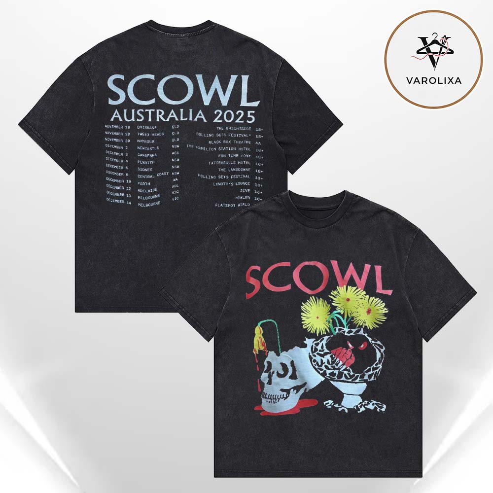 Scowl Australia 2025 Tour Merch At Rolling Sets Fest In Tweed Heads Two Sides Unisex Washed Tee Scowl Australia 2025 Tour Merch At Rolling Sets Fest In Tweed Heads Two Sides Unisex Washed Tee