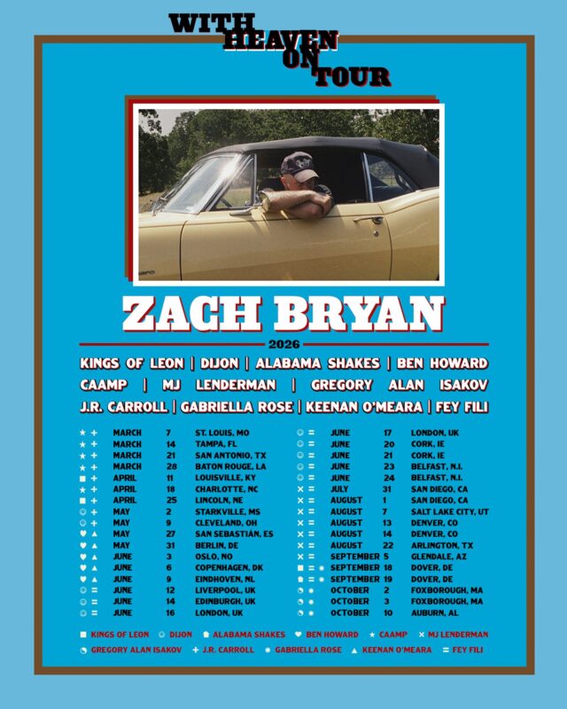 Zach Bryan Tour Poster With Heaven On Tour Across USA Europe UK 2026 Featuring Kings Of Leon And More