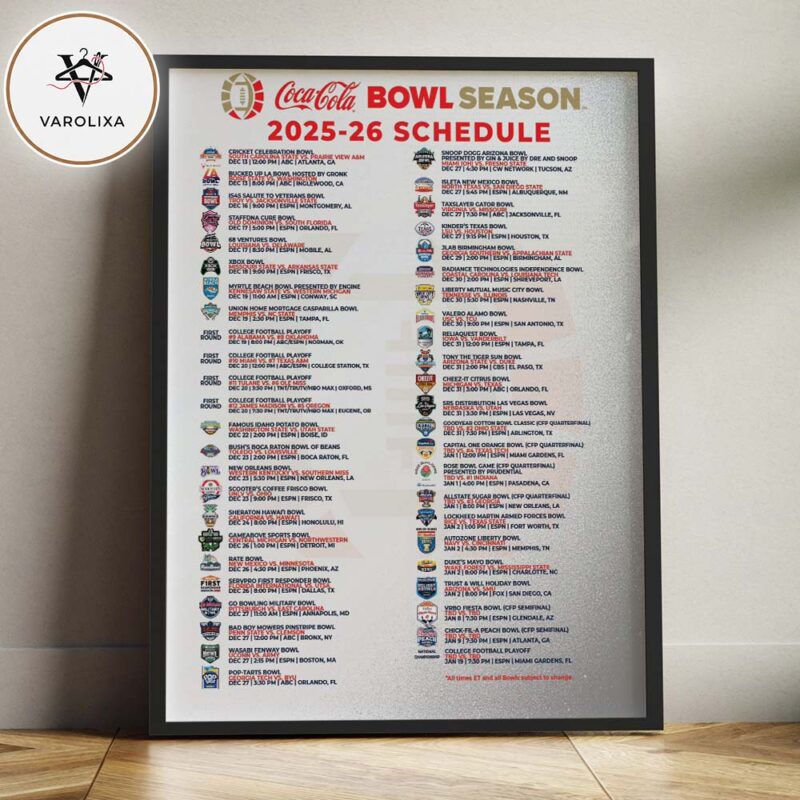 Bowl Season 2025–26 Complete Schedule Poster NCAA College Football Bowl Game Chart Wall Art Home Decor Poster Canvas