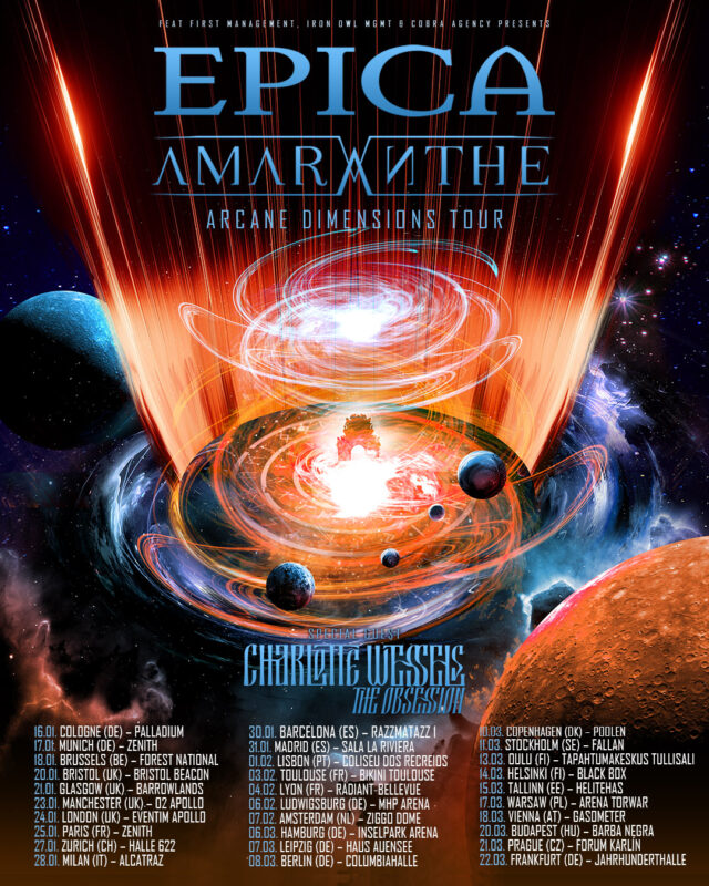 Epica Amaranthe Arcane Dimensions Tour 2025 Dates Poster Across Europe Cosmic Sci Fi Artwork