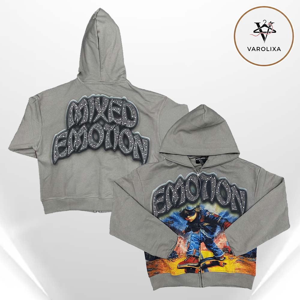 Mixed Emotions Last Ride Rhinestone Grey All Over Print Hoodie Mixed Emotions Last Ride Rhinestone Grey All Over Print Hoodie