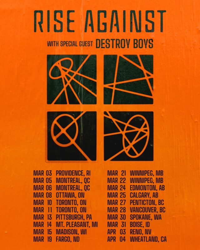 Rise Against Tour Dates Poster Spring 2026 Across USA And Canada Featuring Destroy Boys