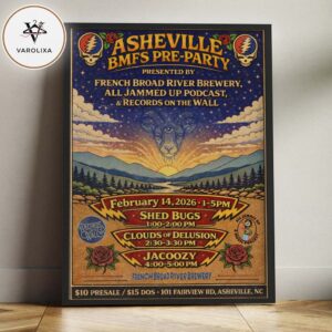 Asheville BMFS Pre Party Event Poster At French Broad River Brewery In Asheville North Carolina On February 14 2026 BMFS Pre Party Grateful Dead Skull Roses Mountain Sunrise Artwork Poster