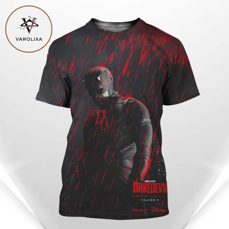 Daredevil Born Again Season 2 Poster March 24 2026 Disney Plus Red Rain Dark Hero Artwork All Over Print Shirt