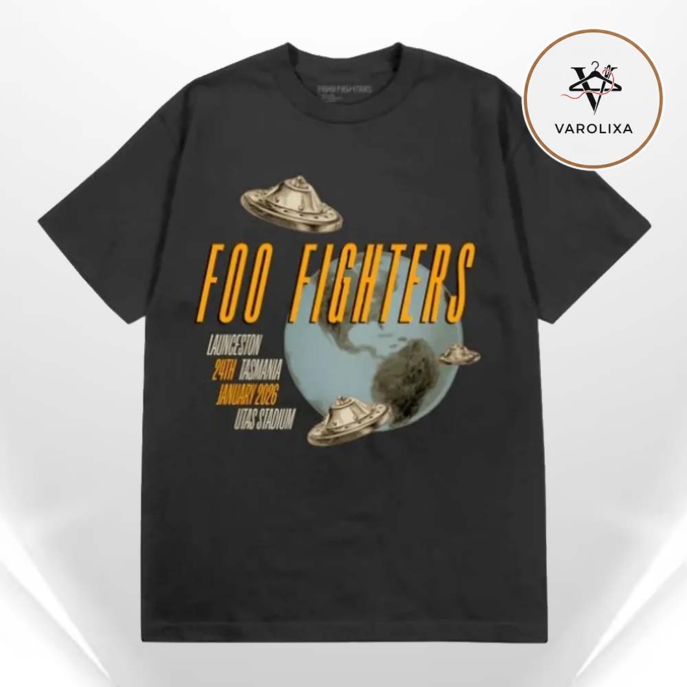 Foo Fighters Launceston Tasmania UFO Earth Graphic Tour T Shirt January 2026 Foo Fighters Launceston Tasmania UFO Earth Graphic Tour T Shirt January 2026