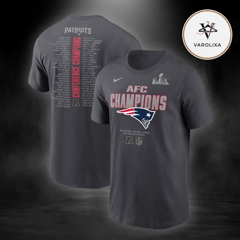 Nike Anthracite New England Patriots 2025 AFC Champions Roster Two Sides Unisex T Shirt