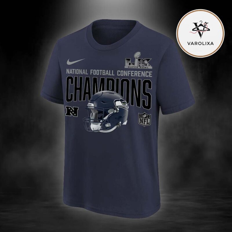 Nike College Navy Seattle Seahawks 2025 NFC Champions Glory Shield Helmet Unisex T Shirt