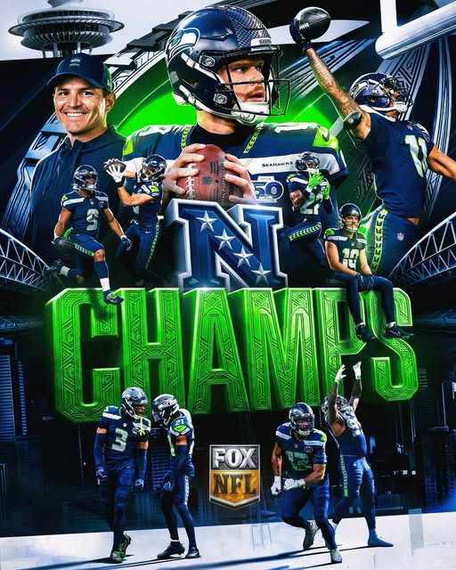 Seattle Seahawks NFC Champions 2025 Team Collage Seattle Skyline Championship Design