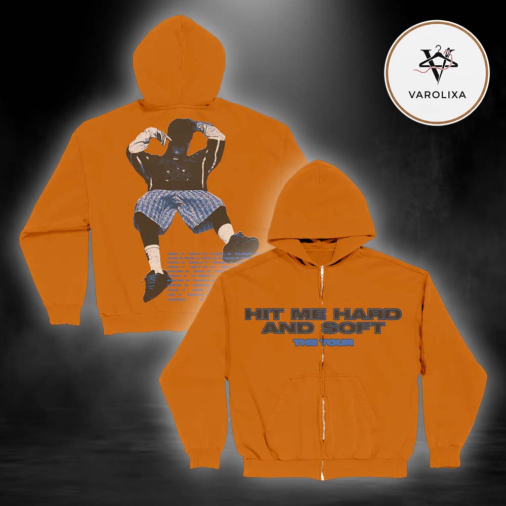 Billie Eilish HIT ME HARD AND SOFT THE TOUR Orange Dateback Zip Hoodie Billie Eilish HIT ME HARD AND SOFT THE TOUR Orange Dateback Zip Hoodie