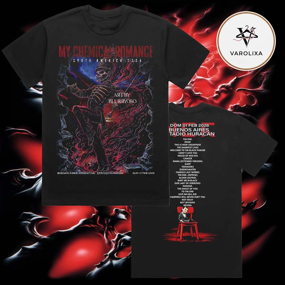 My Chemical Romance Skeleton Soldier Artwork South America Tour On Feb 1 2026 Buenos Aires Estadio Huracán Two Sides Tee Shirt My Chemical Romance Skeleton Soldier Artwork South America Tour On Feb 1 2026 Buenos Aires Estadio Huracán Two Sides Tee Shirt