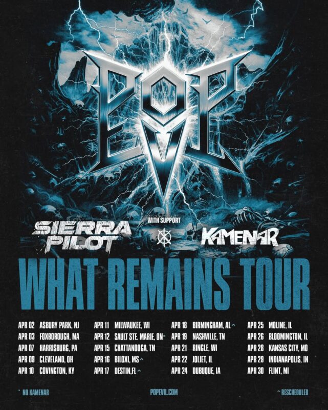 Pop Evil Live Concert Poster At Multiple Venues In United States On April 2026 What Remains Tour Dark Metal Artwork