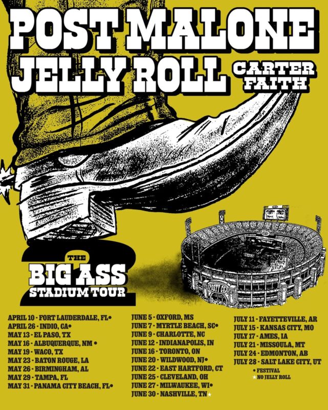 Post Malone The Big Ass Stadium Tour 2026 With Jelly Roll And Carter Faith Full Tour Dates