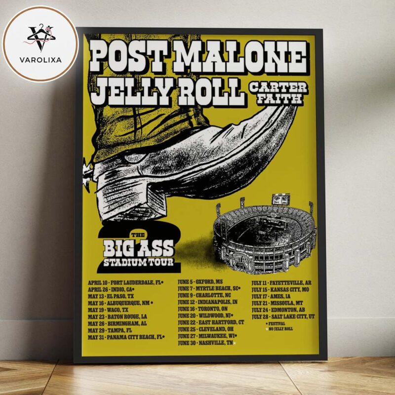 Post Malone The Big Ass Stadium Tour 2026 With Jelly Roll And Carter Faith Full Tour Dates Home Decor Poster Canvas